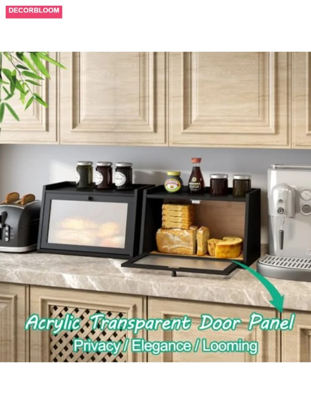 Large Bamboo Bread Box with Wavy Acrylic Door for Kitchen Counter Storage